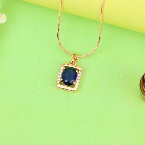 "Rose Gold Rectangle Pendant with Blue Stone and Crystal Accents, XPPT1276 - Picture 13 of 13